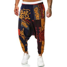 Summer Men Drop Crotch Cross-pants Mens Print Joggers Baggy Hiphop Trousers Male Streetwear Retro Linen Wide Leg Pants 3XL 201109