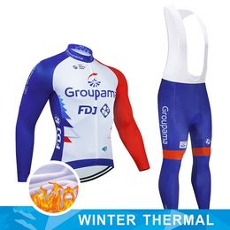 Winter 2022 FDJ Team Cycling Clothing 3D Bike Pants Set Ropa Ciclismo Mens Thermal Fleece Long Bicycling Jersey Maillot Wear