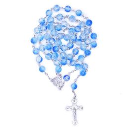 Glass Rosary Necklace Long Religious Cross Pendant Necklace