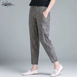 New Arrival Summer Women Pants Plus Size Korea Fashion High Waist Thin Casual Harem Pants Striped Cotton Linen Trousers 10299 201106