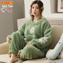 MELIFLE Winter Warm Green Silk Pajama Sets for Women 100% Velvet Atoff Home Flannel Sleepwear Fashion Satin Soft Plush Nightwear 201109