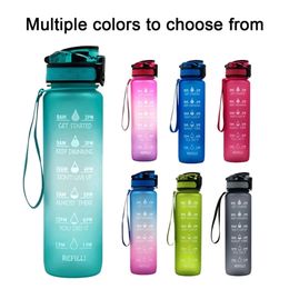 1L Plastic Sports Outdoor Water Bottle With Time Scale Reminder Gradient Water Bottle GYM Jug Cup Plastic Drinking Bottles 201204