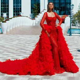 Luxury Red Mermaid Evening Dresses with Detachable Train Long Sleeve Prom Gowns Vestidos Customize Formal Celebrity Gowns