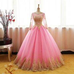 2021 New Princess Gold Appliques Pink Ball Gown Quinceanera Dresses Long Sleeve Sweet 16 Dress Debutante Prom Party Dress Custom Made 012