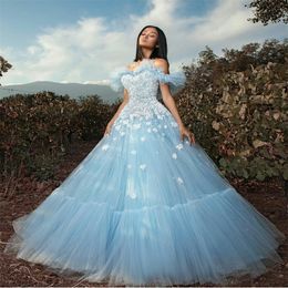 Light Sky Blue Prom Dress Ruched Tulle Evening Dresses Off Shoulder Appliqued Lace Elegant Party Dress Custom Made robe de soiree Cheap