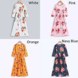 6 8 10 12 Years Old Girls Floral Maxi Dress with Pockets Bohemian Long Gown 3/4 Sleeve Ankle Length Vintage Casual Frock Clothes LJ200923