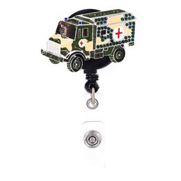 Cute Key Rings Green Car/Bus Rhinestone Retractable Medical ID Badge Holder Yoyo Pull Reel Doctors ID Name Card for Gift