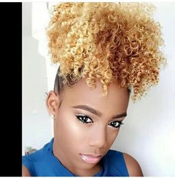 Custom blonde Afro Puff Drawstring Ponytail for Black Women Kinky Curl human High Puffs Drawsstring Short Ponytails with Clip in Colour 613