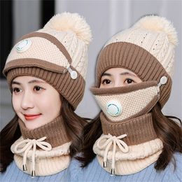 3 Pcs/set Hats For Women With Breathing Mask 2in1 Knitted Girl Pompoms Warm Add Fur Lined Protective Winter Hat Y201024