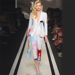 New Designer High Quality Runway White Two-piece Suit One Button Jacket Blazers Feet Pants Abstract Art Dyeing Suit Women 200923