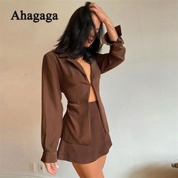 Ahagaga Autumn Wrap Hip Mini Skirt + Blazer Suits Women Fashion 2 Pieces Long Sleeve Satin Casual Office Female Set Costume 220302