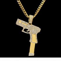 Мужская хип-хоп Punk Alloy Gold Secremerated CZ CZ Crystal Hip-хоп пистолетное подвесное оружие ожерелье с 5 мм круглосуточная цепочка ювелирных изделий ожерелья