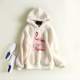 Winter New Women Sweatshirt Thicken Plush Embroidery Hoodies Loose Casual Lantern Sleeve Sweatshirt 201103