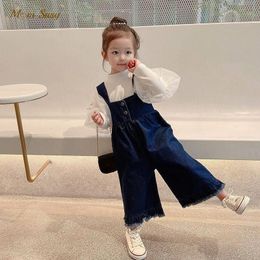 PengGengA Girls Overall Haren Children Wide Leg Jeans Dungarees Straps Playsuit Solid Color Casual 