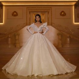 Luxuriöse glitzernde Ballkleid-Hochzeitskleider, transparent, mit Juwelenausschnitt und langen Ärmeln, Brautkleider mit Spitzenapplikationen, Robes de Mari￩e