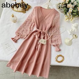 Romantic Women Knitted Pink Party Dress 2019 Fall Winter V Neck Elegant Chiffon Long Sleeve Sashes Dress Ladies Dress Y0118