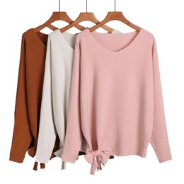 GIGOGOU Oversized V Neck Women Sweater Knot Batwing Sleeve Knitted Sweaters Elegant Autumn Winter Pullovers Top Jersey Mujer 201130