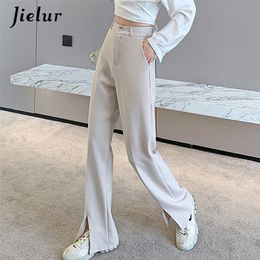 Jielur Fashion Black Trousers Suits Spring XS-2XL High Waist Casual Women's Pants Wide Leg Split Workwear Formal Pants Zipper 220311