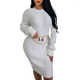 short sleeve winter dress Canada - Casual Dresses White Women's Dress Knee Length Sweater Autumn Winter Womens Ladies Long Sleeve Twist Solid Knitted