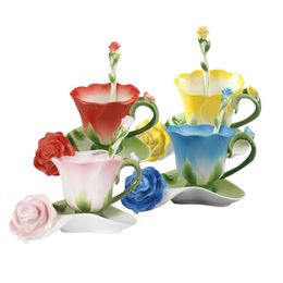 Best 3D Rose Shape Flower Enamel Ceramic Coffee Tea Cup and Saucer Spoon High-grade Porcelain Cup Creative Valentine Gift Design LJ200821