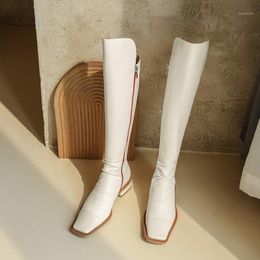 Boots White Square Toe Flat Knee-high Pleated Zip Long Tube Women Shoes Riding Equestrian Cow Leather 2021 Fall Winter 3cm1