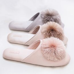 House Elegant Tassel Hairball Women Slippers Comfortable Cloth Chic Ladies Flat Shoes Spring Champagne Women Slides