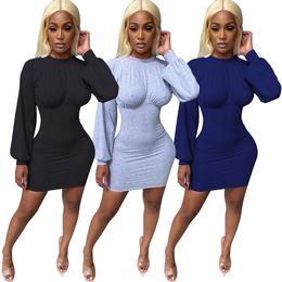 Echoine 2020 Autumn Casual Women Solid Colour Lantern Sleeve Package Hip Mini Dress Bodycon Sexy Party Dresses Clubwear Outfits Y0118