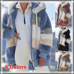 Women's Jacket Hooded Warm Plush Loose Jacket for Women Patchwork Winter Outerwear Faux Fur Zipper Ladies Parka Coat 220118