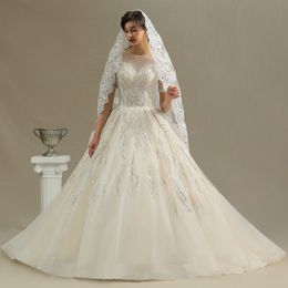 2021 Arabic Luxury Short Sleeves Lace Ball Gown Wedding Dresses Tulle Applique Beaded Ruched Chapel Train Bridal Wedding Gowns CPH199