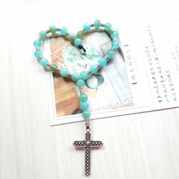 Car Pendant Blue Acrylic Beads Strand Cross Pendant Bracelet Religious Jewelry