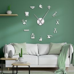 Dental Hospital Silent Wall Clock Dentist Frameless Diy Acrylic 3D Mirror Wall Watch Tooth Modern Design Oversized Time Wandklok 201202