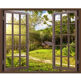 Free shipping 3D Effect Window Wall Sticker Forest Cottage Scenery Vinyl Decal Decor Mural Wall Sticker Home Decor Gift 201201