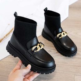 Fashion Children Socks Leather Boots Platform Luxury Slip On Girls Princess Shoes Non-Slip Thick Bottom Kids Ankle Botas 211227