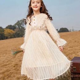 Princess Girls Dress Spring Flared Long Sleeves Dresses for Kids Girls Casual Feather A-line Dresses for Children Girls Clothes Q0716