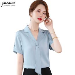 Acetate Satin Shirt Women Streamer Design Light Blue V Neck Summer Short Sleeve Formal Blouses Office Ladies Work Tops 210604