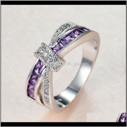 Jewellery Luxury Female Purple Crystal Stone Promise Sier Colour Thin Wedding Rings For Women Vintage Bowknot Zircon Engagement Ring Drop Deliv