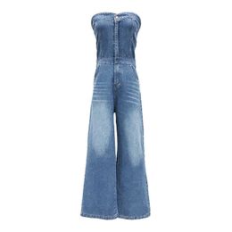 PERHAPS U Women Strapless Sleeveless Full Length Blue Denim Jumpsuit Vocation Holiday Beach Sexy Pocket J0084 210529