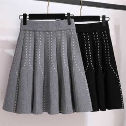 Japanese Style Pleated Knitted Mini Skirts Kawaii Women Autumn Winter Elastic Waist Falda 90s Vintage Harajuku Sexy Skirt Black 211120