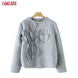 Tangada women hearts appliques sweatshirts oversize long sleeve back zipper O neck Grey pullovers casual female tops YD185 201201