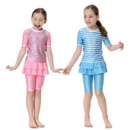 Ethnic Clothing Islamic Beachwear Burkini Short Sleeve Tops+Pants Child Swimsuit Kids Girl Arab Swimming Swimwear Muslim Modest Set Costume