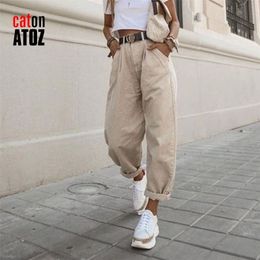 catonATOZ 2248 Khaki Female Cargo Pants High Waist Harem Loose Jeans Plus Size Trousers Woman Casual Streetwear Mom Jeans 210616