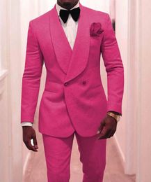 Double Breasted Men Suits Hot Pink Pattern Groom Tuxedos Shawl Lapel Groomsmen Wedding Best Man 2 Pieces ( Jacket+Pants+ Bow Tie ) L632