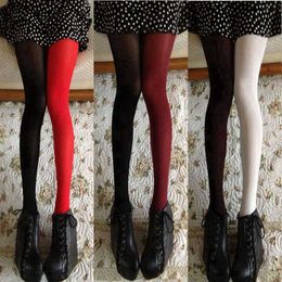 Women Spring Autumn 120D Tights Fashion Asymmetry Contrast Color Velvet Pantyhose Lady Girls Sexy Stockings Japanese Tight X0521