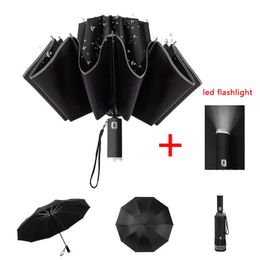 Windproof Women's Umbrella Male Man Automatic Folding Inverted With LED Flashlight Reflective Rain Sun Reverse 210626