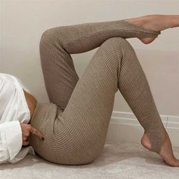 Women Ribbed Knit Leggings Fashion Beige High Waist Cotton Fitness Basic Pants Female Casual All-Match Stretch Skinny 211204