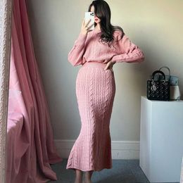 High Quality Women's Knitting Skirt Suit Sweater Pullover Top + Slim Bodycon Mermaid Two-Piece Office Work Wear 210529