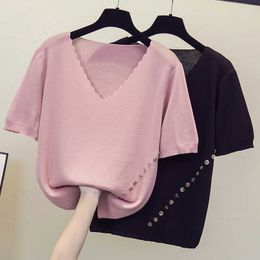 Oversized Women Sweater Pullovers short Sleeve thin Basic V neck Sweater Female Knit Jumpers Button Top plus size 210604