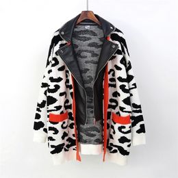 Autumn Winter New Double-layer Fake Two Fashion Trend Ladies Leopard Coats Korea Large Size Knit Leather Jacket 201020