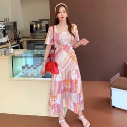 Summer Korean Hit Colour Plaid Dress For Women short Sleeve Midi Dresses Female Fashion Elegant Clothes 210529
