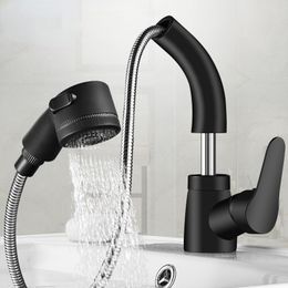 Pull Out Black Bathroom Sink Faucet Hot and Cold Water Mixer Crane Lift Up and down Chrome 360 Degree Water Mixer Tap